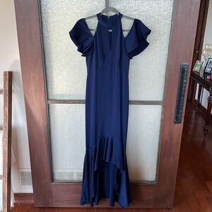 Shoshanna Navy Blue hi neck off the shoulder hi low dress in size 2. EUC